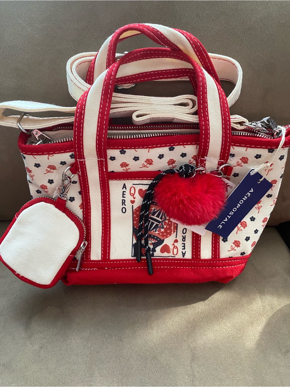 Aeropostale Red and White Canvas Mini Tote with Pom Pom Charm